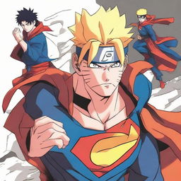 Illustrate Naruto, the anime character, transitioning into Superman, the iconic superhero. Both characters are mid-transformation, revealing distinct elements of Naruto and Superman.