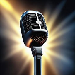 An artistically rendered 2D microphone, illuminated by a scattering of glowing rays that brighten the backdrop, presenting a contrast of light and shadows.