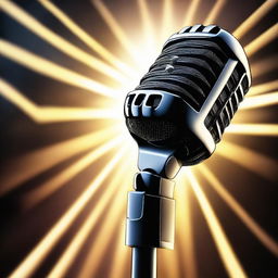 An artistically rendered 2D microphone, illuminated by a scattering of glowing rays that brighten the backdrop, presenting a contrast of light and shadows.