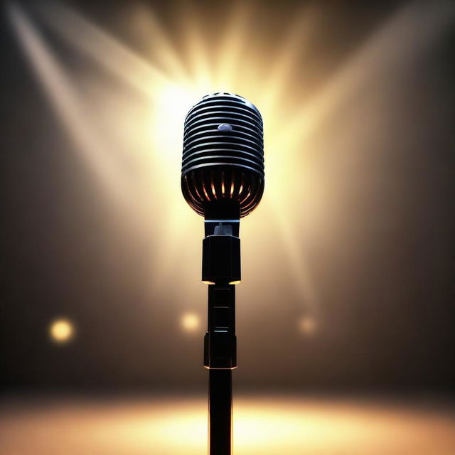 An artistically rendered 2D microphone, illuminated by a scattering of glowing rays that brighten the backdrop, presenting a contrast of light and shadows.