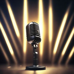 An artistically rendered 2D microphone, illuminated by a scattering of glowing rays that brighten the backdrop, presenting a contrast of light and shadows.