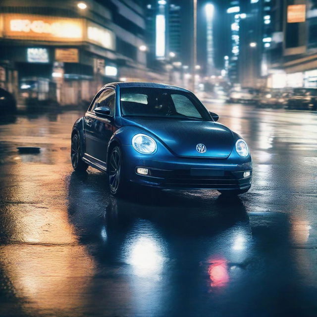 A dynamic image of a dark indigo blue Volkswagen New Beetle speeding along a rain-drenched Tokyo expressway at night, the city lights reflecting on its wet surface.