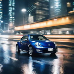 A dynamic image of a dark indigo blue Volkswagen New Beetle speeding along a rain-drenched Tokyo expressway at night, the city lights reflecting on its wet surface.