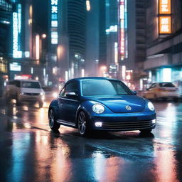 A dynamic image of a dark indigo blue Volkswagen New Beetle speeding along a rain-drenched Tokyo expressway at night, the city lights reflecting on its wet surface.