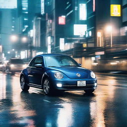 A dynamic image of a dark indigo blue Volkswagen New Beetle speeding along a rain-drenched Tokyo expressway at night, the city lights reflecting on its wet surface.