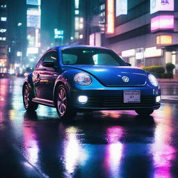 A compelling scene featuring a dark indigo blue Volkswagen New Beetle racing along the rain-soaked Tokyo expressway, bathed in the radiant neon glow of the city's night.