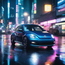 A compelling scene featuring a dark indigo blue Volkswagen New Beetle racing along the rain-soaked Tokyo expressway, bathed in the radiant neon glow of the city's night.