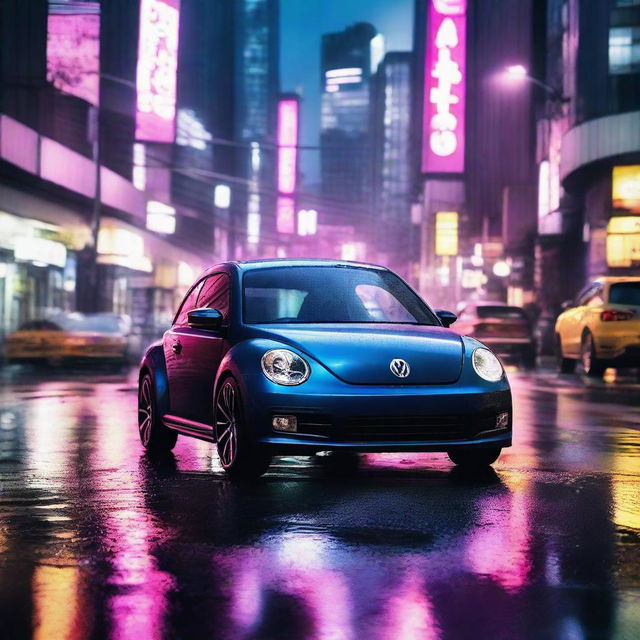 A compelling scene featuring a dark indigo blue Volkswagen New Beetle racing along the rain-soaked Tokyo expressway, bathed in the radiant neon glow of the city's night.