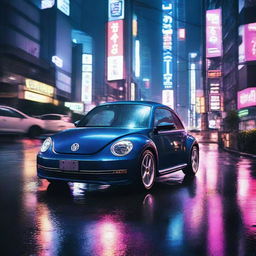 A compelling scene featuring a dark indigo blue Volkswagen New Beetle racing along the rain-soaked Tokyo expressway, bathed in the radiant neon glow of the city's night.