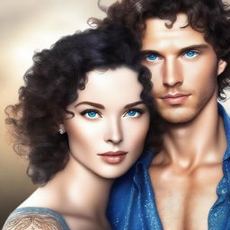 An image of a man and a woman, both in high resolution digital art style