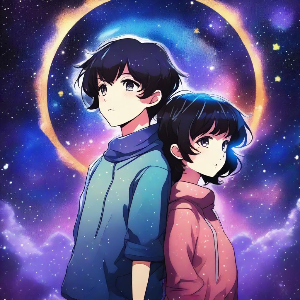 A vivid digital art image, in the style of anime, depicts a boy with short, black, curly hair and a girl with short, black hair and bangs