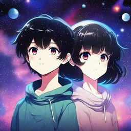 A vivid digital art image, in the style of anime, depicts a boy with short, black, curly hair and a girl with short, black hair and bangs