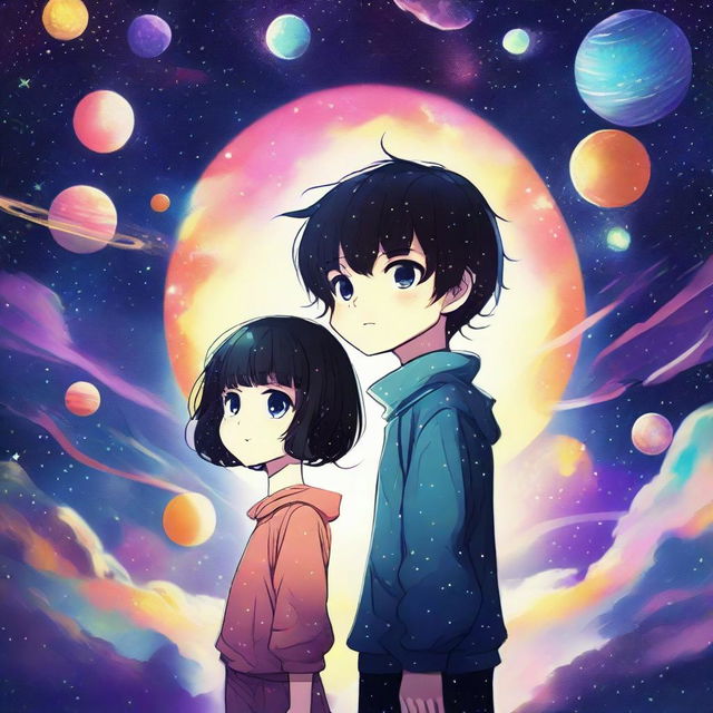 A vivid digital art image, in the style of anime, depicts a boy with short, black, curly hair and a girl with short, black hair and bangs