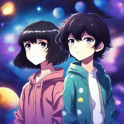 A vivid digital art image, in the style of anime, depicts a boy with short, black, curly hair and a girl with short, black hair and bangs