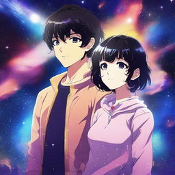 A captivating digital art image, styled as anime, features a man with short, black, curly hair and a woman with short, black hair and bangs