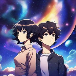 A captivating digital art image, styled as anime, features a man with short, black, curly hair and a woman with short, black hair and bangs