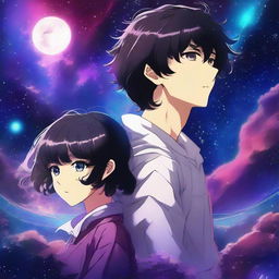 A captivating digital art image, styled as anime, features a man with short, black, curly hair and a woman with short, black hair and bangs