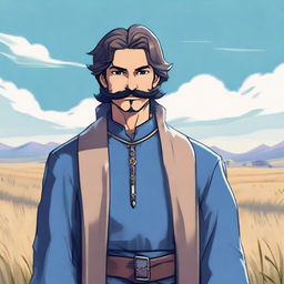 A young fantasy RPG merchant with a mustache, clad in a blue robe, standing in front of a vast field