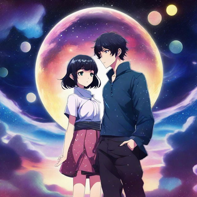 A captivating digital art image, styled as anime, features a man with short, black, curly hair and a woman with short, black hair and bangs