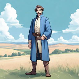 A young fantasy RPG merchant with a mustache, clad in a blue robe, standing in front of a vast field