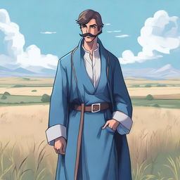 A young fantasy RPG merchant with a mustache, clad in a blue robe, standing in front of a vast field