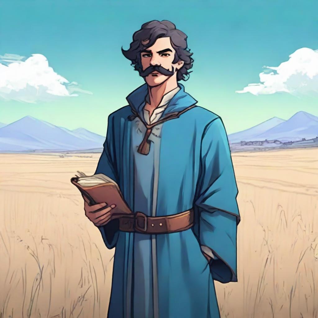 A young fantasy RPG merchant with a mustache, clad in a blue robe, standing in front of a vast field