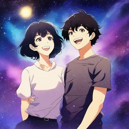 A vibrant digital art image, designed in the anime style, features a man with short, black, curly hair and a woman with short, black hair and bangs