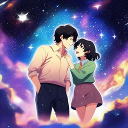 A vibrant digital art image, designed in the anime style, features a man with short, black, curly hair and a woman with short, black hair and bangs