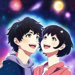 A vibrant digital art image, designed in the anime style, features a man with short, black, curly hair and a woman with short, black hair and bangs