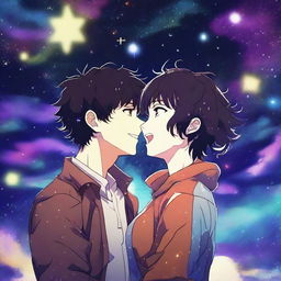 A vibrant digital art image, designed in the anime style, features a man with short, black, curly hair and a woman with short, black hair and bangs