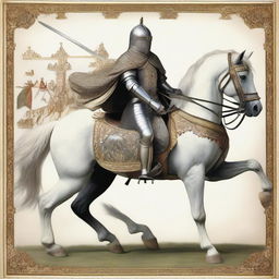 Two medieval knights donning detailed, stunning armors, each astride on a magnificent horse trotting in line - a pristine white horse under the first knight, followed by a knight atop a striking black horse.