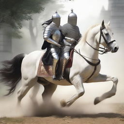 Two medieval knights donning detailed, stunning armors, each astride on a magnificent horse trotting in line - a pristine white horse under the first knight, followed by a knight atop a striking black horse.