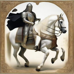 Two medieval knights donning detailed, stunning armors, each astride on a magnificent horse trotting in line - a pristine white horse under the first knight, followed by a knight atop a striking black horse.