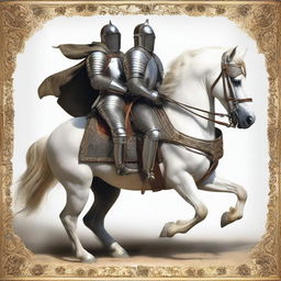 Two medieval knights donning detailed, stunning armors, each astride on a magnificent horse trotting in line - a pristine white horse under the first knight, followed by a knight atop a striking black horse.