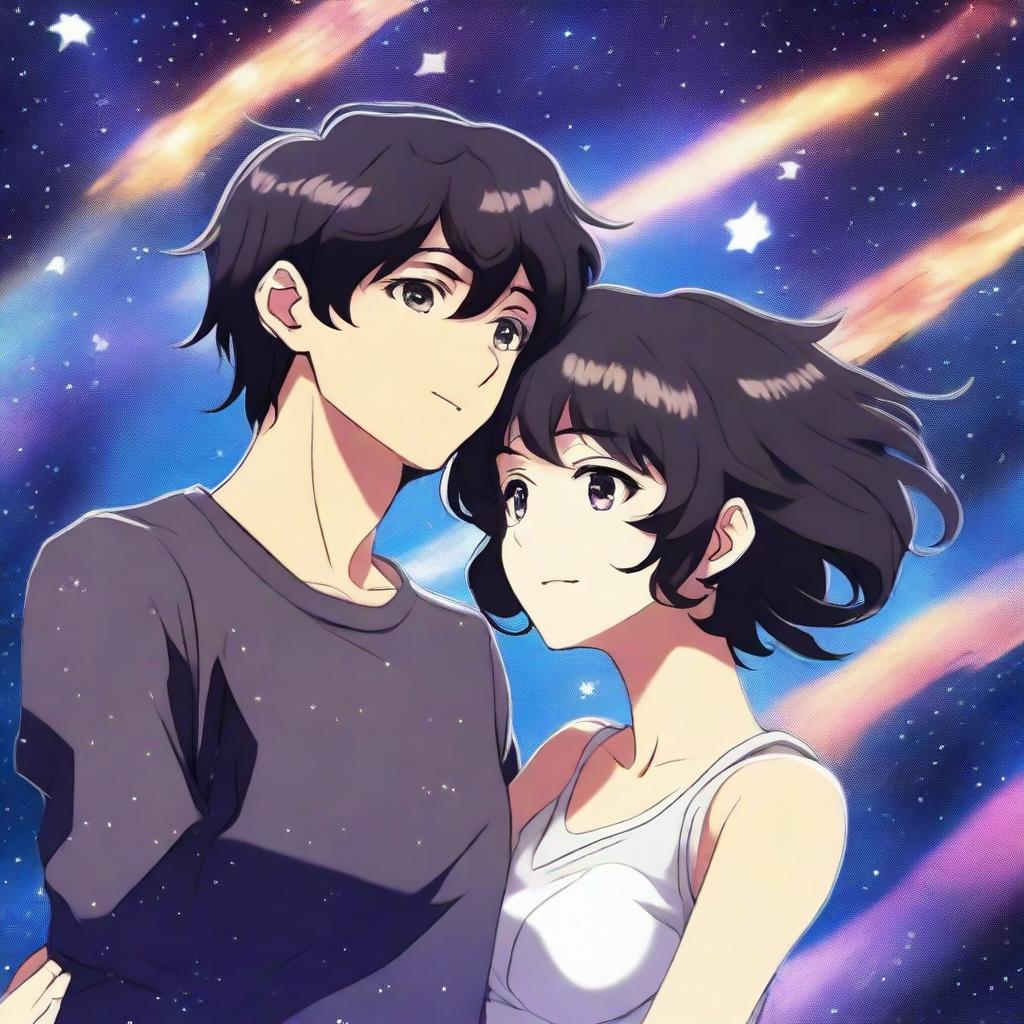 This high-quality digital art image, crafted in the anime style, depicts a man with short, black, curly hair and a woman with short, black hair and bangs