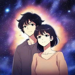 This high-quality digital art image, crafted in the anime style, depicts a man with short, black, curly hair and a woman with short, black hair and bangs