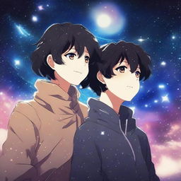 This high-quality digital art image, crafted in the anime style, depicts a man with short, black, curly hair and a woman with short, black hair and bangs