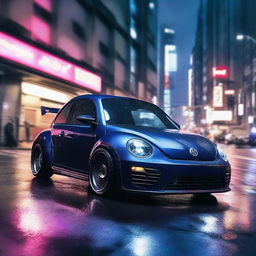 Depict a visually striking scene of a dark indigo blue Volkswagen New Beetle with an RWB kit, racing on a neon-lit, rain-drenched Tokyo expressway at night.