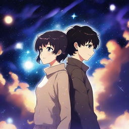 This high-quality digital art image, crafted in the anime style, depicts a man with short, black, curly hair and a woman with short, black hair and bangs