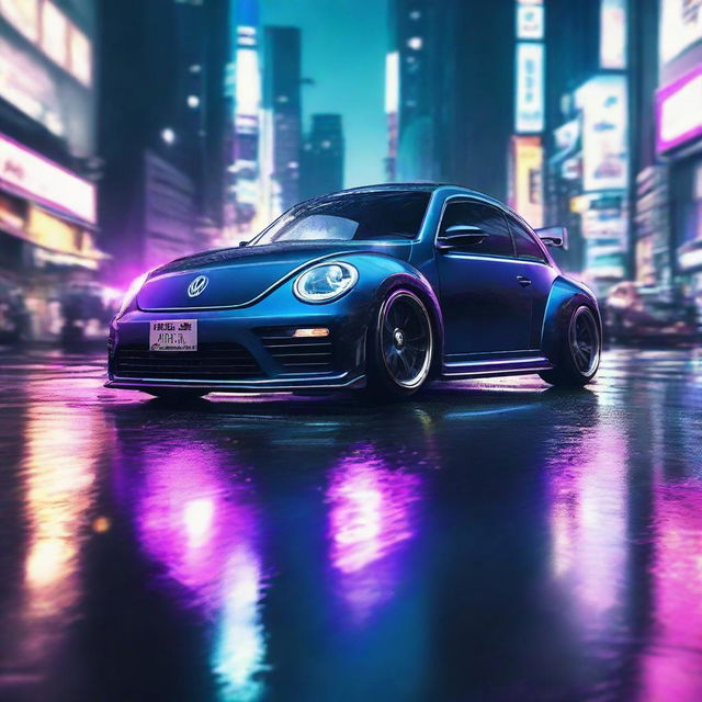 Depict a visually striking scene of a dark indigo blue Volkswagen New Beetle with an RWB kit, racing on a neon-lit, rain-drenched Tokyo expressway at night.