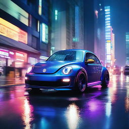 Depict a visually striking scene of a dark indigo blue Volkswagen New Beetle with an RWB kit, racing on a neon-lit, rain-drenched Tokyo expressway at night.