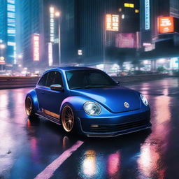 Depict a visually striking scene of a dark indigo blue Volkswagen New Beetle with an RWB kit, racing on a neon-lit, rain-drenched Tokyo expressway at night.