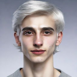 Hyperrealistic portrait of a 21-year-old man with a v-shaped face, slim nose, large dark eyes, and slightly grown straight silver-white hair that frames his face.