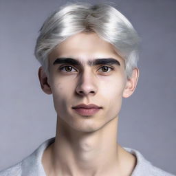 Hyperrealistic portrait of a 21-year-old man with a v-shaped face, slim nose, large dark eyes, and slightly grown straight silver-white hair that frames his face.