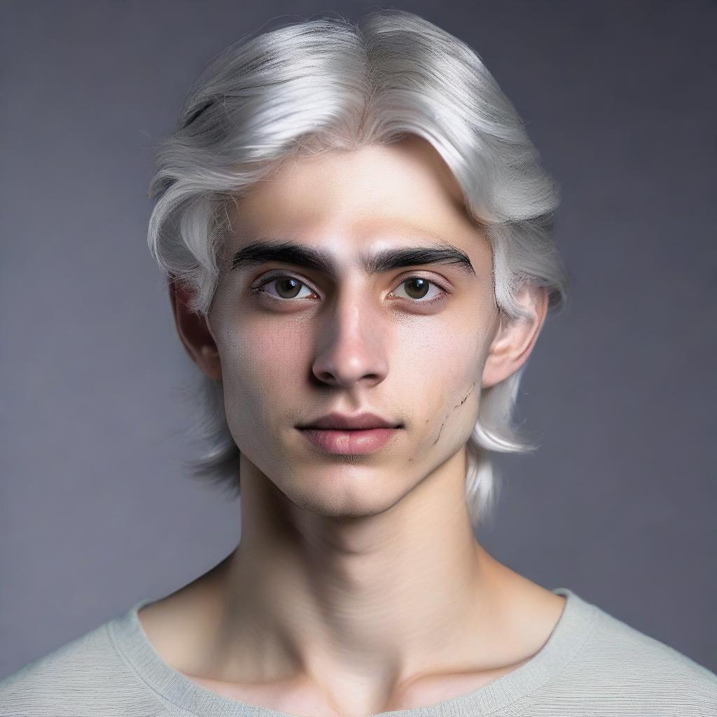 Hyperrealistic portrait of a 21-year-old man with a v-shaped face, slim nose, large dark eyes, and slightly grown straight silver-white hair that frames his face.