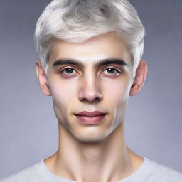 Hyperrealistic portrait of a 21-year-old man with a v-shaped face, slim nose, large dark eyes, and slightly grown straight silver-white hair that frames his face.