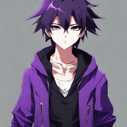 Anime character boy with striking black eyes, black clothing, and distinctive black and purple hair