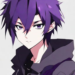 Anime character boy with striking black eyes, black clothing, and distinctive black and purple hair