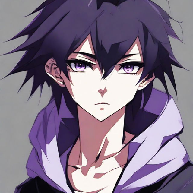 Anime character boy with striking black eyes, black clothing, and distinctive black and purple hair