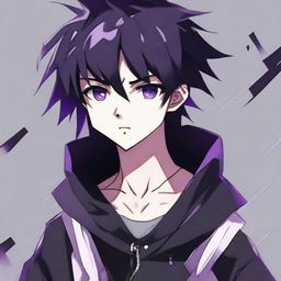 Anime character boy with striking black eyes, black clothing, and distinctive black and purple hair